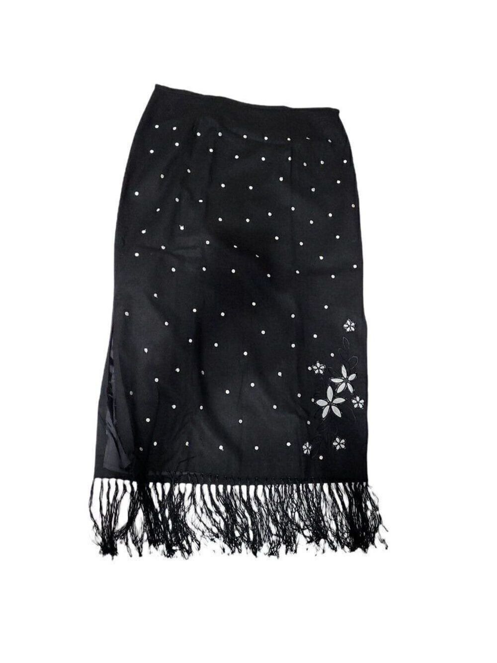 𝅺NICOLE Studio Polka Dot Maxi Skirt Size 12 Black White Lined Fringe